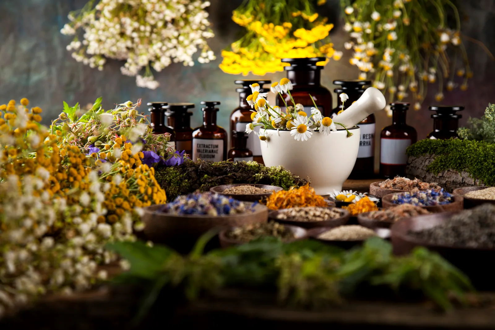 Ayurvedic herbal medicine preparation with mortar and pestle during Ayurvedic treatment in Haridwar